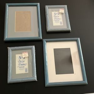 **SOLD** 2 8x10 & 2 5x7” Blue Wooden Frames & 3 Clear Lucite Frames.